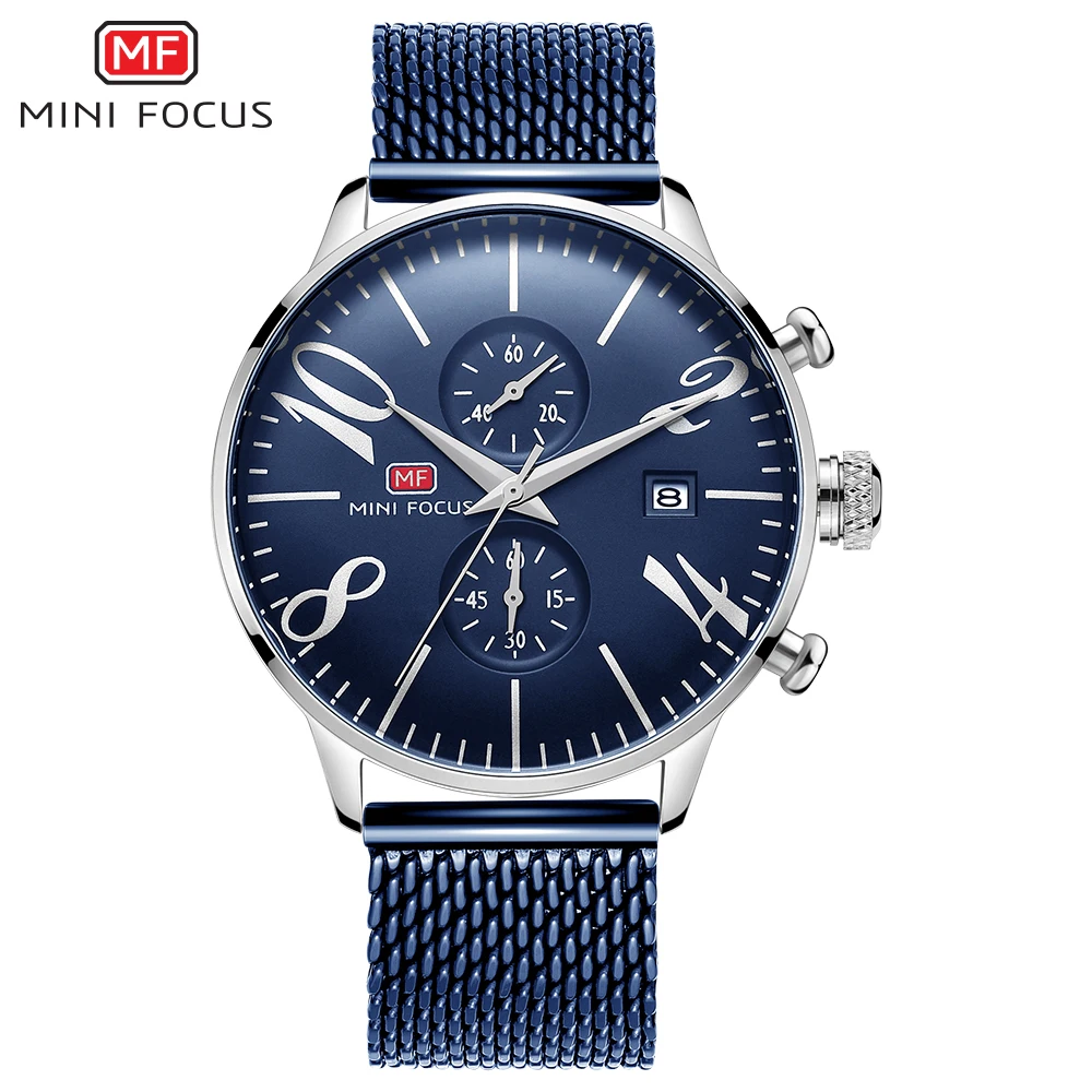 Мини фокус мужские сетчатые часы с хронографом кварцевые часы из нержавеющей стали бизнес водонепроницаемые наручные часы для мужчин Relogios 0135 синий