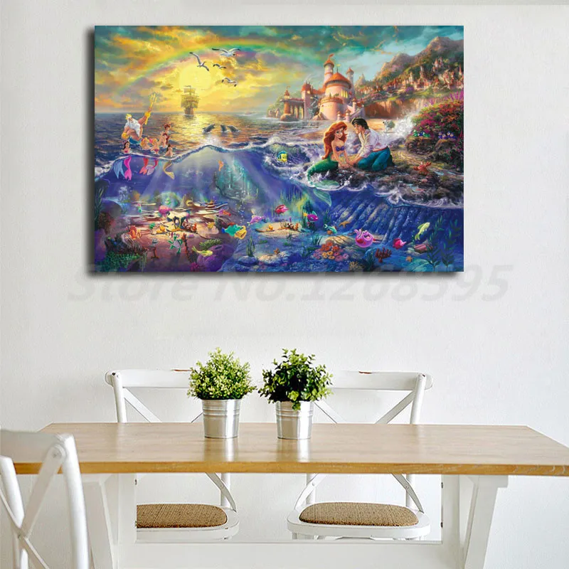 Thomas Kinkade The Little Mermaid And Tramp HD Painting Wall Art Print On Canvas Living Room Decorative Picture Christmas Gifts