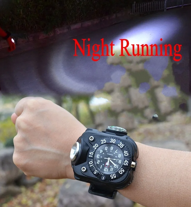 Multifunction USB Rechargeable Wristwatch Lamp Wrist LED Flashlight Watch Light with Compass Bracelet Torch for Night Running