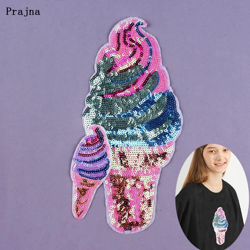 

Prajna Sequins Ice Cream Stickers Ironing Sew on Patches for Clothing DIY Sequined Star Patch Red Love Wing Applique Big Size F