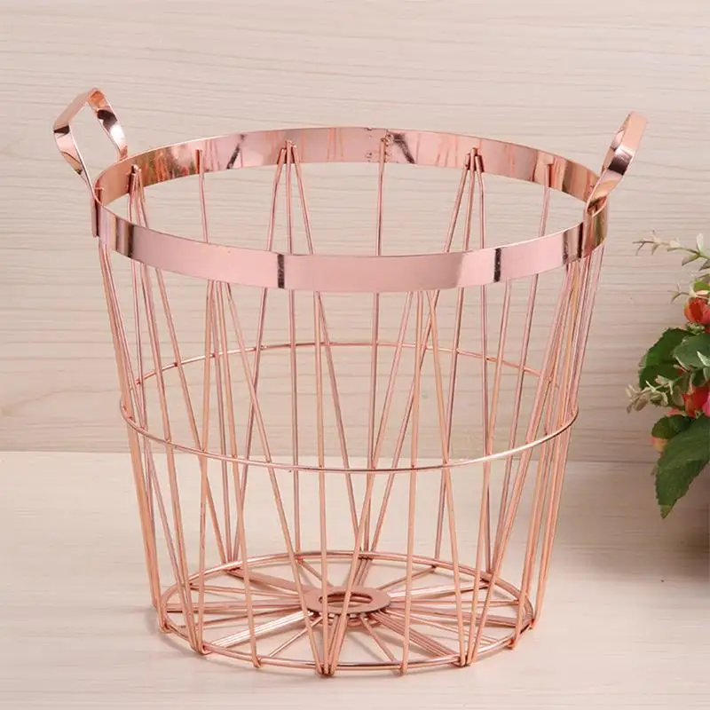 S/M Nordic Style Iron Rose Gold Storage Basket Kitchen Clear Up Laundry