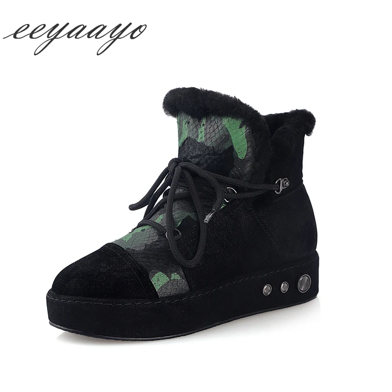 

2019 New Genuine Leather Winter Women Ankle Boots Flats Heel Real Fur Wool Lining Lace-Up Women Cow Suede Shoes Green Snow Boots