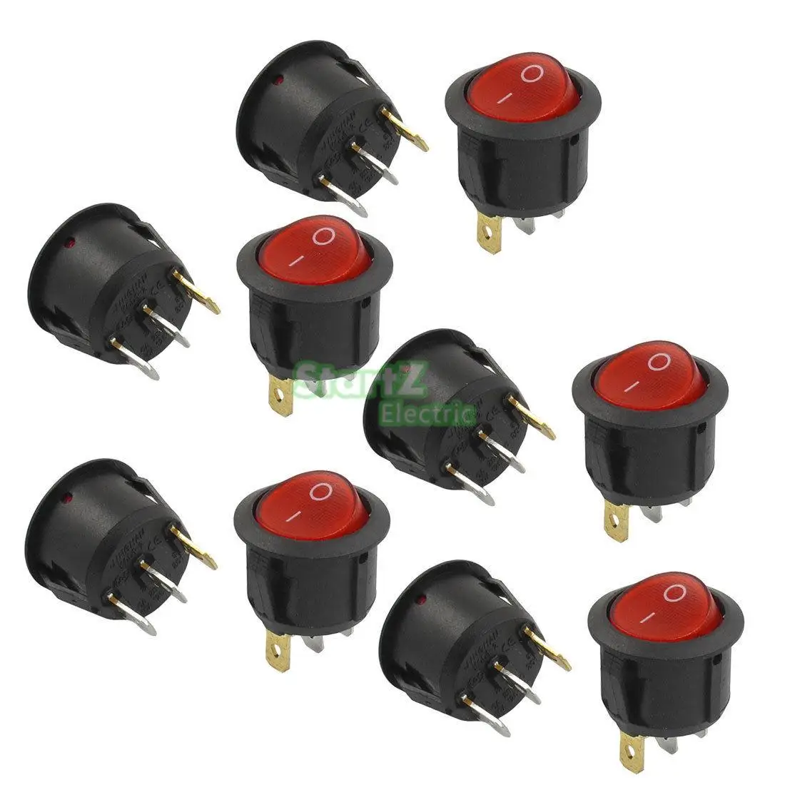 5pcs SPST Red Neon Light On/Off Round Rocker Switch AC 6A/250V 10A/125V