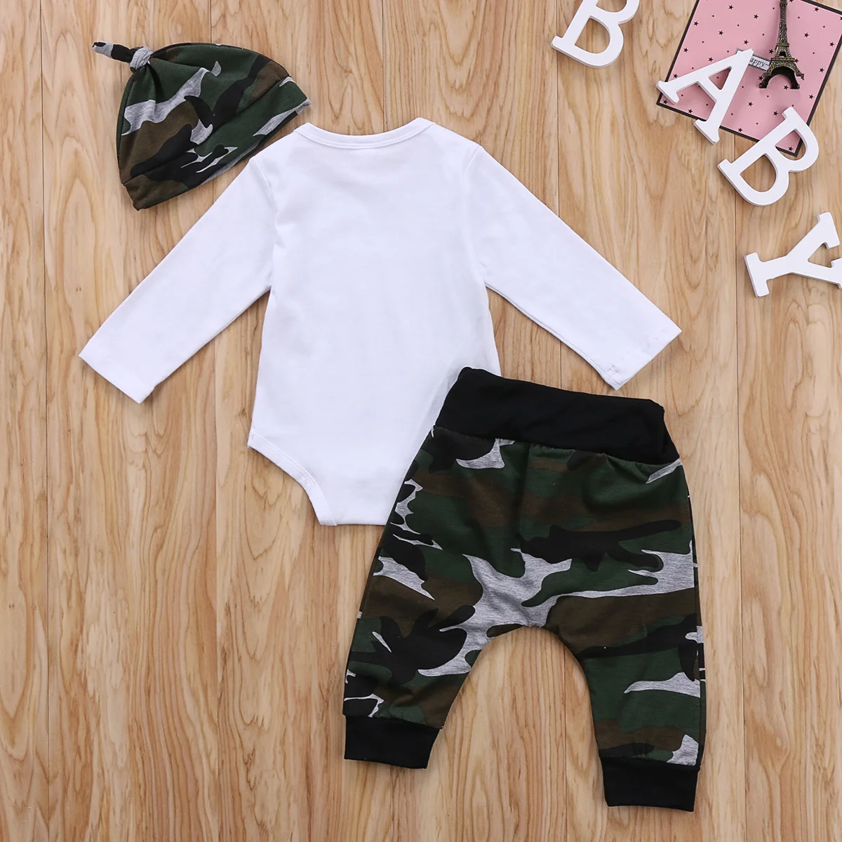 Brand New 3Pcs Set Newborn Toddler Infant Baby Boy Long Sleeve Tops Romper Camouflage Pants Hat 3Pcs Kids Outfits Clothes