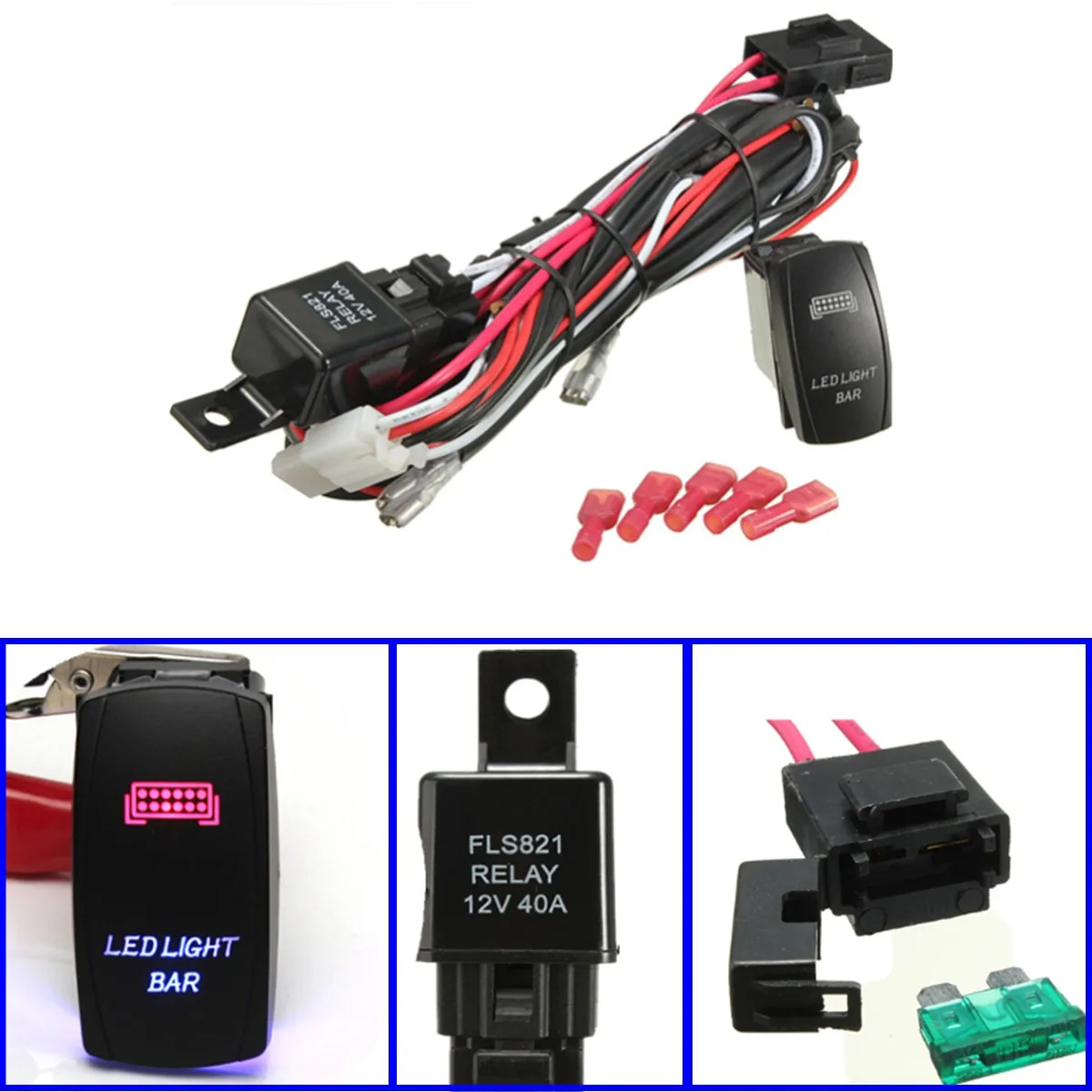 

12V Car 5Pin Blue Red LED Light Bar Rocker Switch Wiring Harness With 40A Relay 30A Fuse On Off