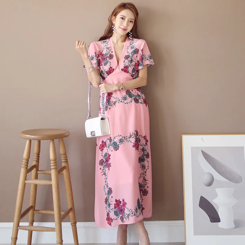 

CINESSD Long Maxi Vintage Dress 2019 Women Summer Elegant Print V-neck Short Sleeve Loose Party Boho Dress Vestidos Plus Size