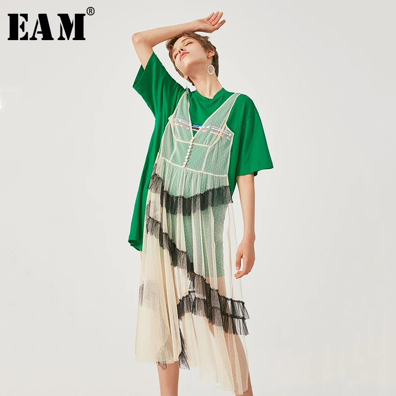 

[EAM] 2019 New Spring Summer Round Neck Short Sleeve Green Mesh Split Joint Big Size Temperament Dress Women Fashion Tide JU724