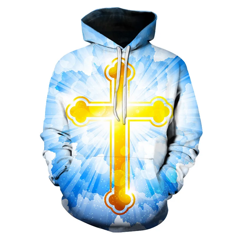 Christian Hoodies for Men Pullover Cross Jesus 3d Lightning Harajuku