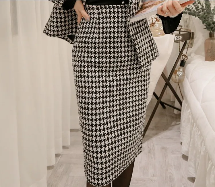 2018 Fall Winter Women Suits Fashion Black White Tweed Plaid Turn Down Collar Blazer Coat + Split Pencil Skirt 2 Piece Set