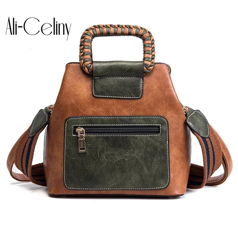 

Autumn Winter Wide Strap Messenger Bags European American Women Handbags Hit color Bucket Handbag Fashion Knitted handle Bag