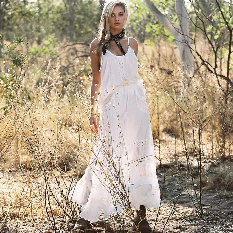 

Boho Inspired white cami cotton sleeveless strappy lace panels blouse women bohemian chic summer tops loose beach cover up 2019