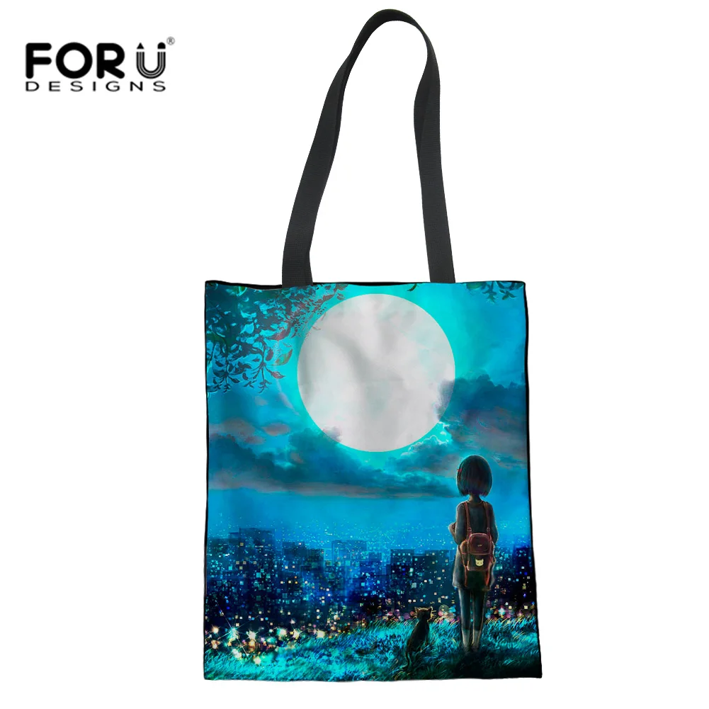 

FORUDESIGNS Cute Moonlight Girl Linen Tote Bag Shopping School Bag 3D Cartoon Cat Women Shoulder Shopping Bags Travel Necessity