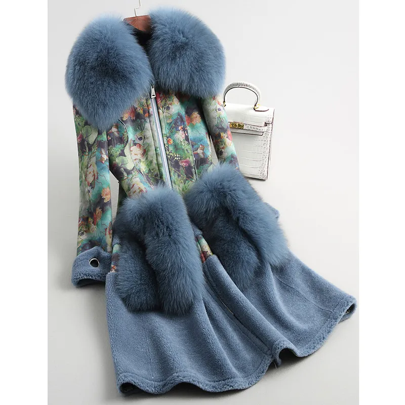 

S-XL Fashion Women Fox Fur Collar Wool Fur Coat Real Sheep Fur Thick Warm Outerwear Ladies Print Suede Fabric Long Jackets