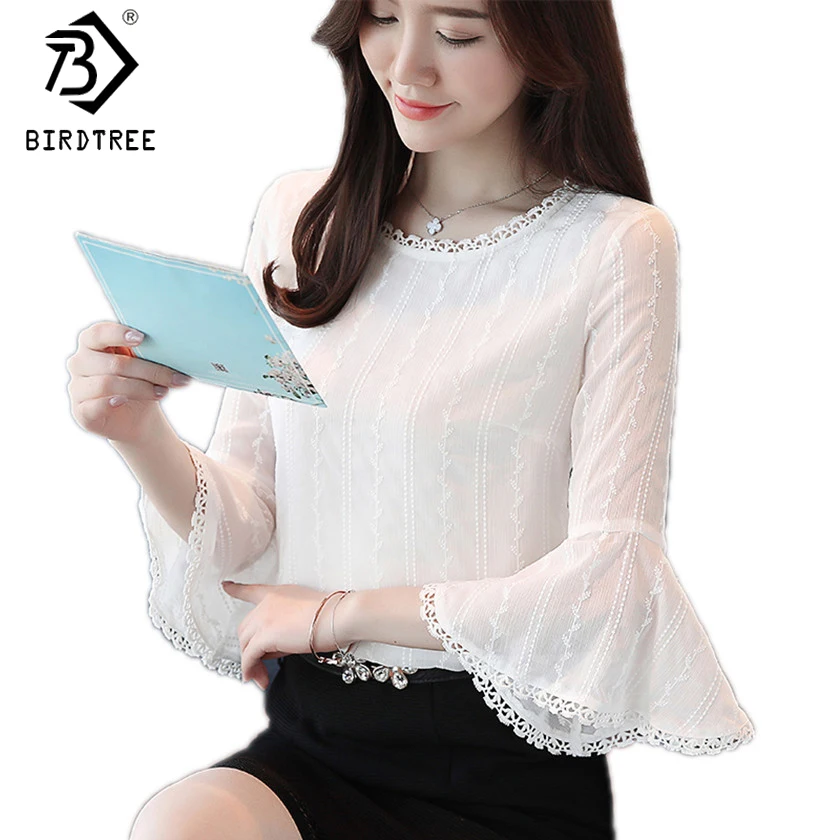 

Fashion Blouses White Shirts 2018 New Spring Women Lace Blouses Flare Sleeves Female Tops Ladies Clothings Plus Size 2XL T81027A