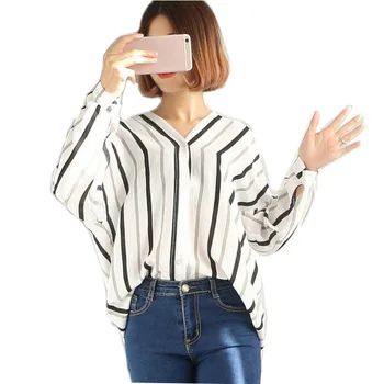 

High Quality Loose Sun protection Tops Long Sleeve Blouse Vertical Striped V-Neck Casual Regular Shirt For Spring Autumn Clothes