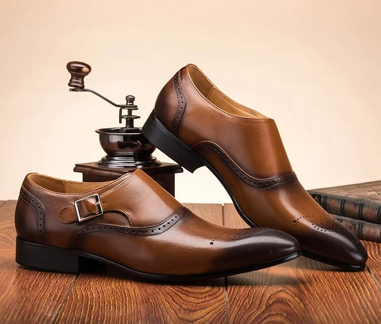 Handmade Men's Natrual Leather Business Dress Suit Shoes Men Brand Bullock Genuine Leather Brown slip on Wedding Shoes Formal (3)