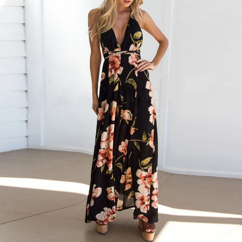 

Summer Strap Dress Women Bohemian Beach Ladies Tropical Sea Holiday Sexy Halter V-neck Print Split Dress