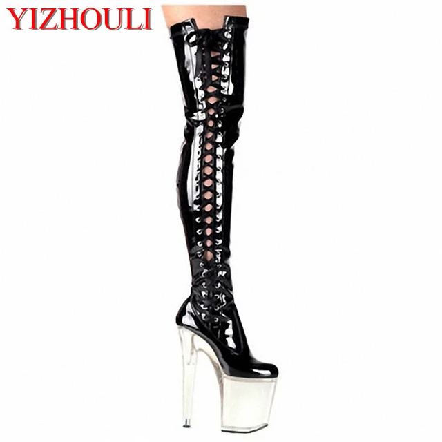 20cm to thigh high sexy super boots, sexy nightclub transparent platform,  model pole dancing performance, dancing