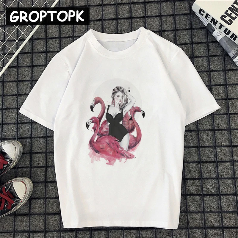 

Beautiful Girl with Flamingo Female T-shirt Summer Casual T-shirts for Women Sexy Lady Art Print Women Clothes 2019 Harajuku Top