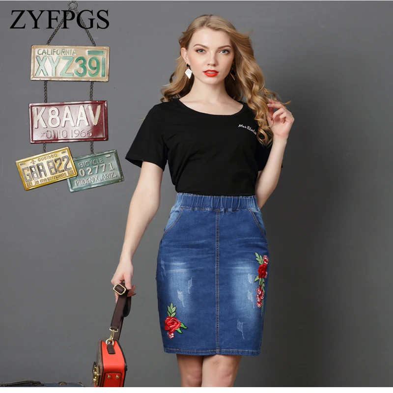 

ZYFPGS 2019 Summer Skirts Plus Size Women Package Hip Female Embroidere Middle Waist Section Cowgirl Denim Jeans Skirt L0505