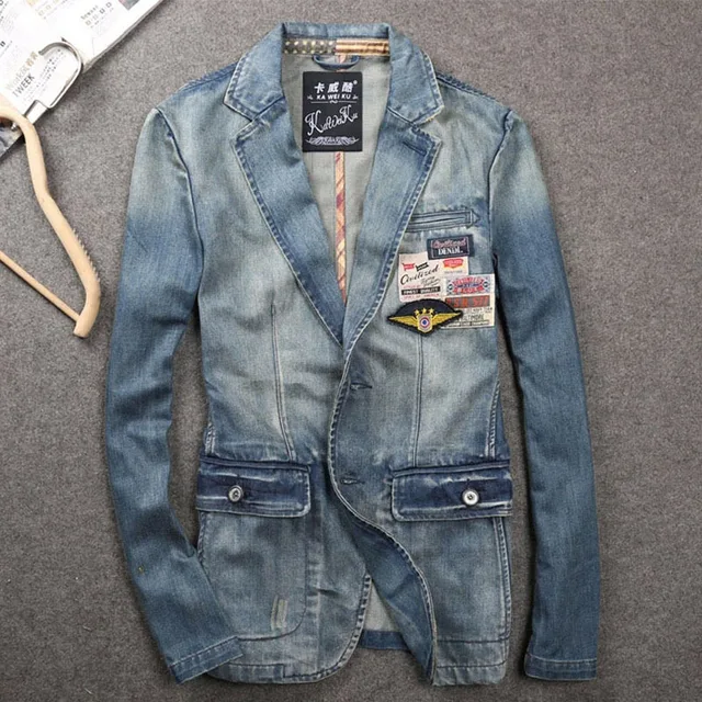 European Style Fashion Mens Designer Suit Collar Patchwork Ripped Denim