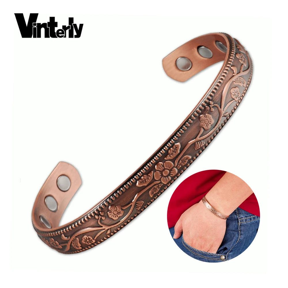 Vinterly Copper Bracelet Femme Charms Vintage Flower Energy Magnetic Copper Bracelet Adjustable Cuff Bracelets Bangles For Women|cuff bracelet bangle|open cuff braceletcuff bracelets - AliExpress