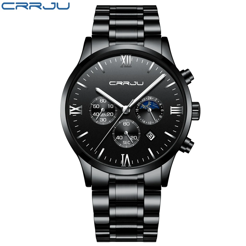 Мужские кварцевые часы с большим лицом CRRJU бизнес секундомер часы с кожаным ремнем светящиеся мужские Ретро спортивные часы Relogio Masculino - Цвет: Steel black silver
