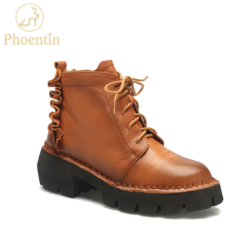 

Phoentin cow leather ankle boots women flat with heel ruffles pleated edge platform winter short boots 2019 new jackboots FG125