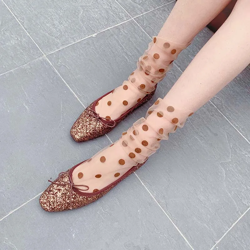 

Japanese Spring Summer Fashion New Product Black White Dot Sweet Tulle Flocking Heap Heap Socks Art Women Transparent Silk Socks