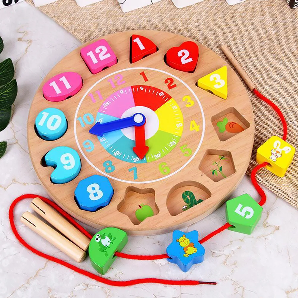 

Teaching Time Wooden Sorting Visual Perception Lacing Beads Boys Girls Color Toddlers Hand Eye Removable Toy Clock Educational