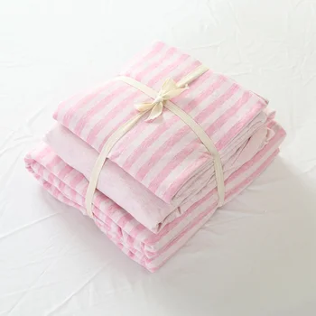 

4pcs 100% Cotton Jersey Knitted fabric soft light pink stripe bedding set Brief style bedroom for girls good for kids skin
