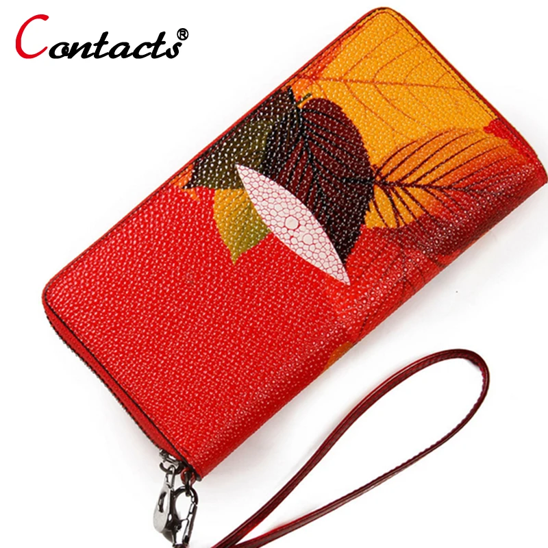 

CONTACT'S Genuine Leather Wallet Women Bag Purse Luxury Brand Female Clutch Card Holder Long Ladies Walet flower phone Money Bag