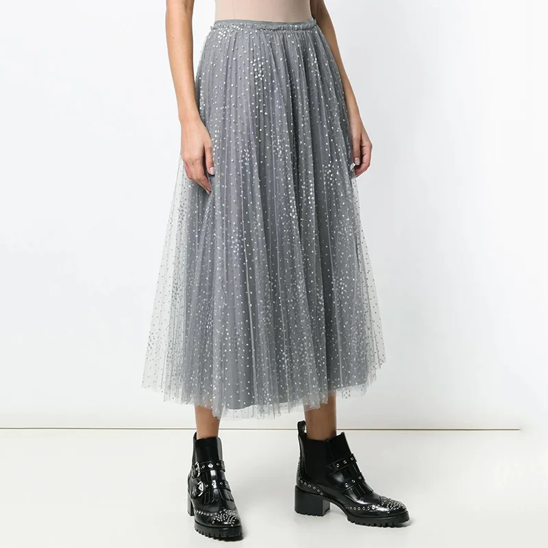 

2019 Women High Elastic Waist Mesh Skirt Hot Spot Diamonds Midi Length Pleated Skirt Spring and Summer