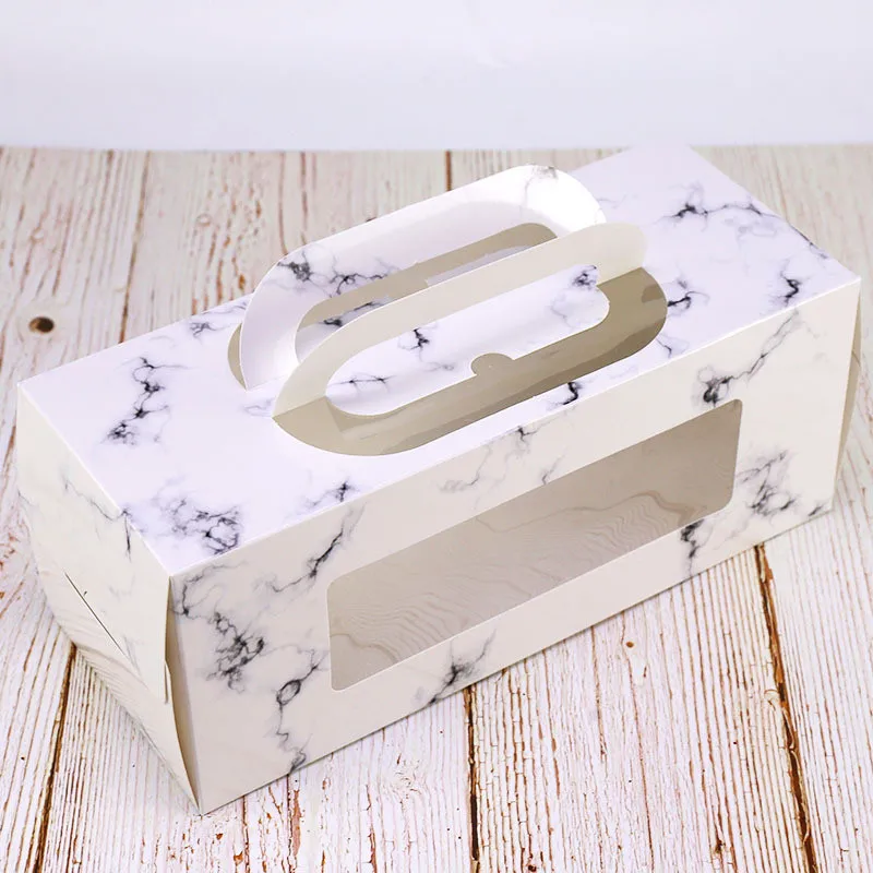 FeiLuan store10pcs 27x11x11cm Brown paper hand-held windowed cake roll box stock marbled towel roll baked cake pastry box custom - Цвет: same as pic