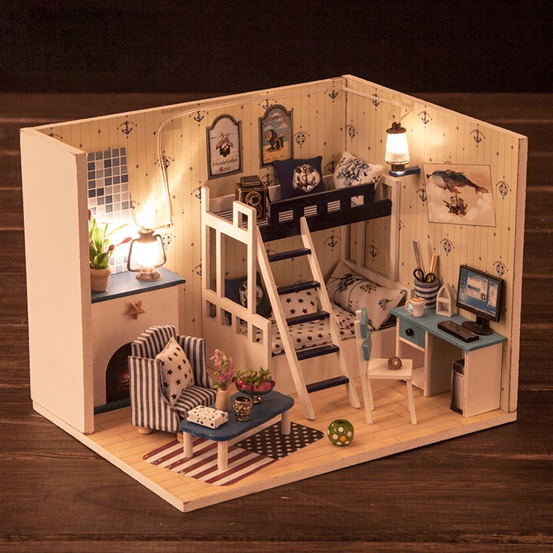 IiE CREATE Dollhouse Q009 темно-синий Dream Miniature DIY Kit с подсветкой и пылезащитным покрытием