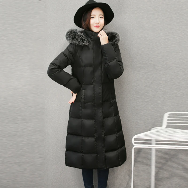 2018 New Women Down Coat Faux Fox Fur Collar Hooded Down Jacket Long Outerwear Solid Color Zippered Thick Warm Winter Coat OK964 2018 New Women Down Coat Faux Fox Fur Collar Hooded Down Jacket Long Outerwear Solid Color Zippered Thick Warm Winter Coat OK964