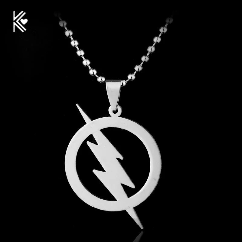 

Drop Shipping Stainless steel Superhero Silver Plated The Flash Lightning Symbol Beads Chain Necklace Fashion MenPendant Gifts