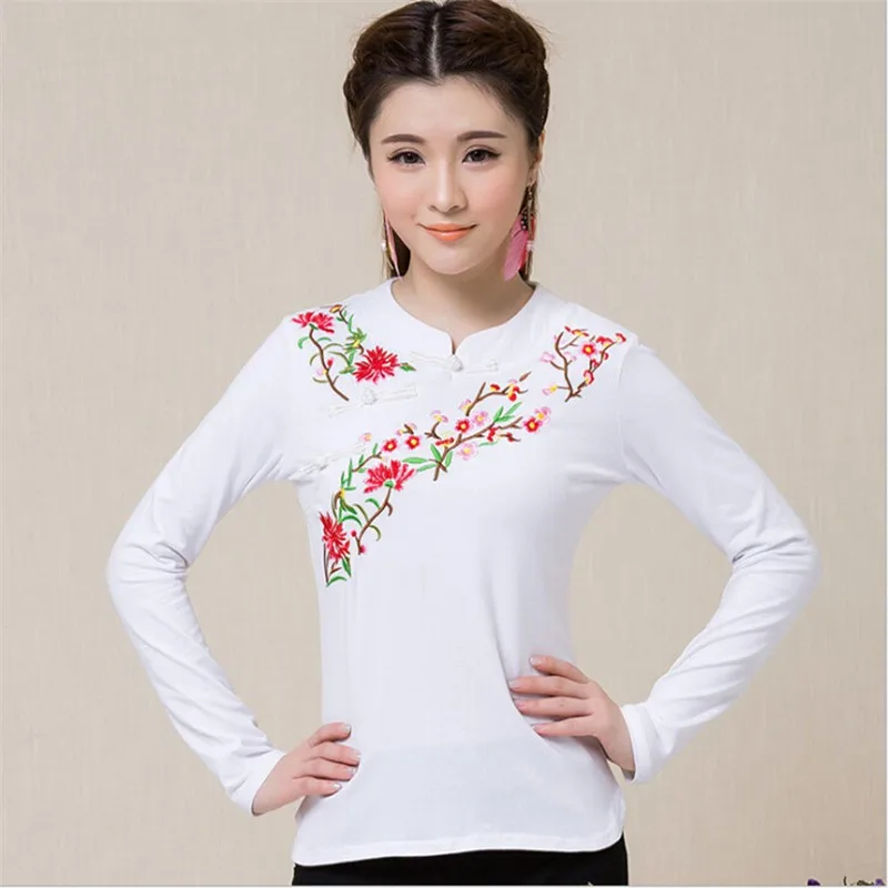 Весенне-осенняя женская футболка с вышивкой Blusas с длинным рукавом 5XL размера плюс качественные топы, женские хлопковые футболки