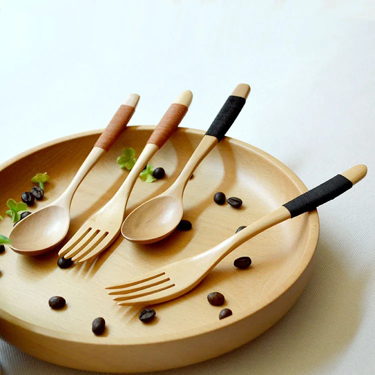 

Chinese Brif Wooden Spoon Fork Set Natural Wood Tableware 19x2.5cm
