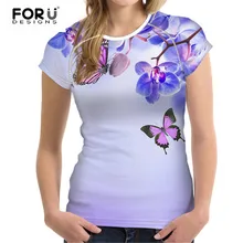 FORUDESIGNS футболка с цветочным принтом, Женские базовые футболки с бабочками и цветами, топы для девочек, футболка с цветочным принтом для бодибилдинга, женская фиолетовая одежда, новинка XXL
