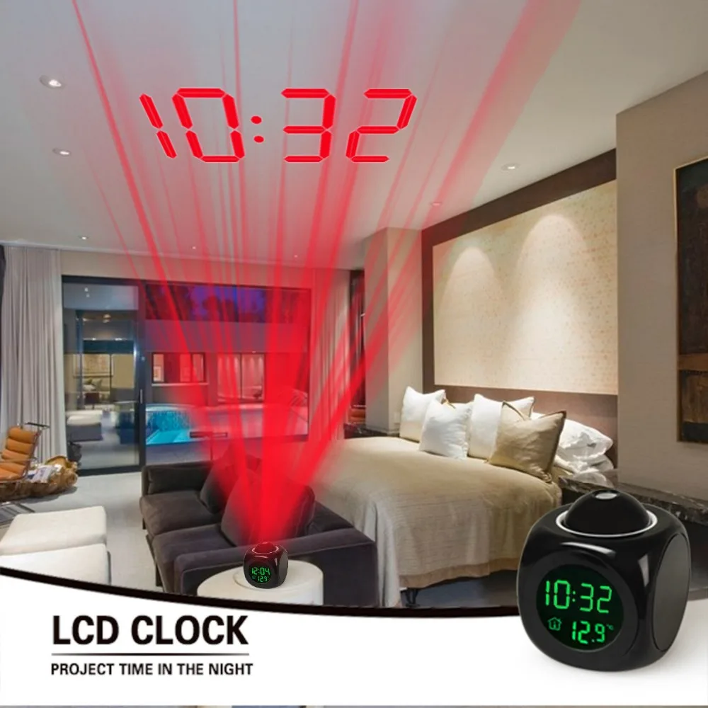 

2019 Fashion Projection LED Digital Alarm Clock Snooze Function Multi-function Temperature Desktop Table Cube Kids Alarm Clock