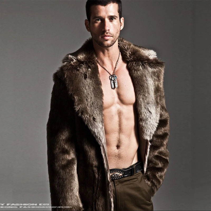 Men's Faux Fur Long Coat Brown/black Warm And Comfortable Winter New Brand Maylooks Hn128