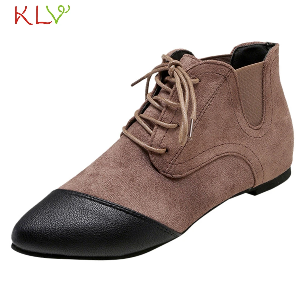 

Women Ankle Boots With Heel Flock Pointed Toe Lace-Up Platform Shoes Sapato Feminino 2019 Autumn Casual 35-39 Plus Size 18Dec7