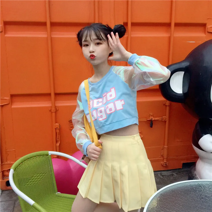Лазерный прозрачный укороченный Топ Harajuku, Лоскутная футболка с длинным рукавом, женская одежда с длинным рукавом, одежда с принтом в виде надписи, футболка T597