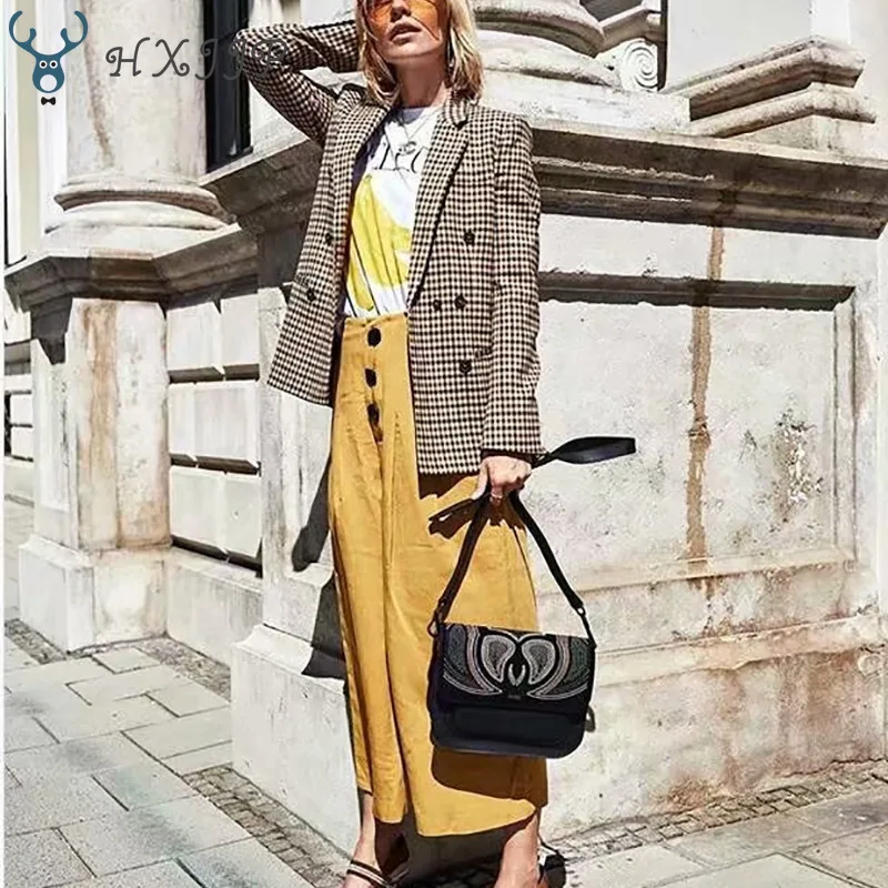 Spring and Autumn Suit Collar Jackets Double-breasted Long-sleeved Slim  Plaid  Full  Women Blazers and Jackets