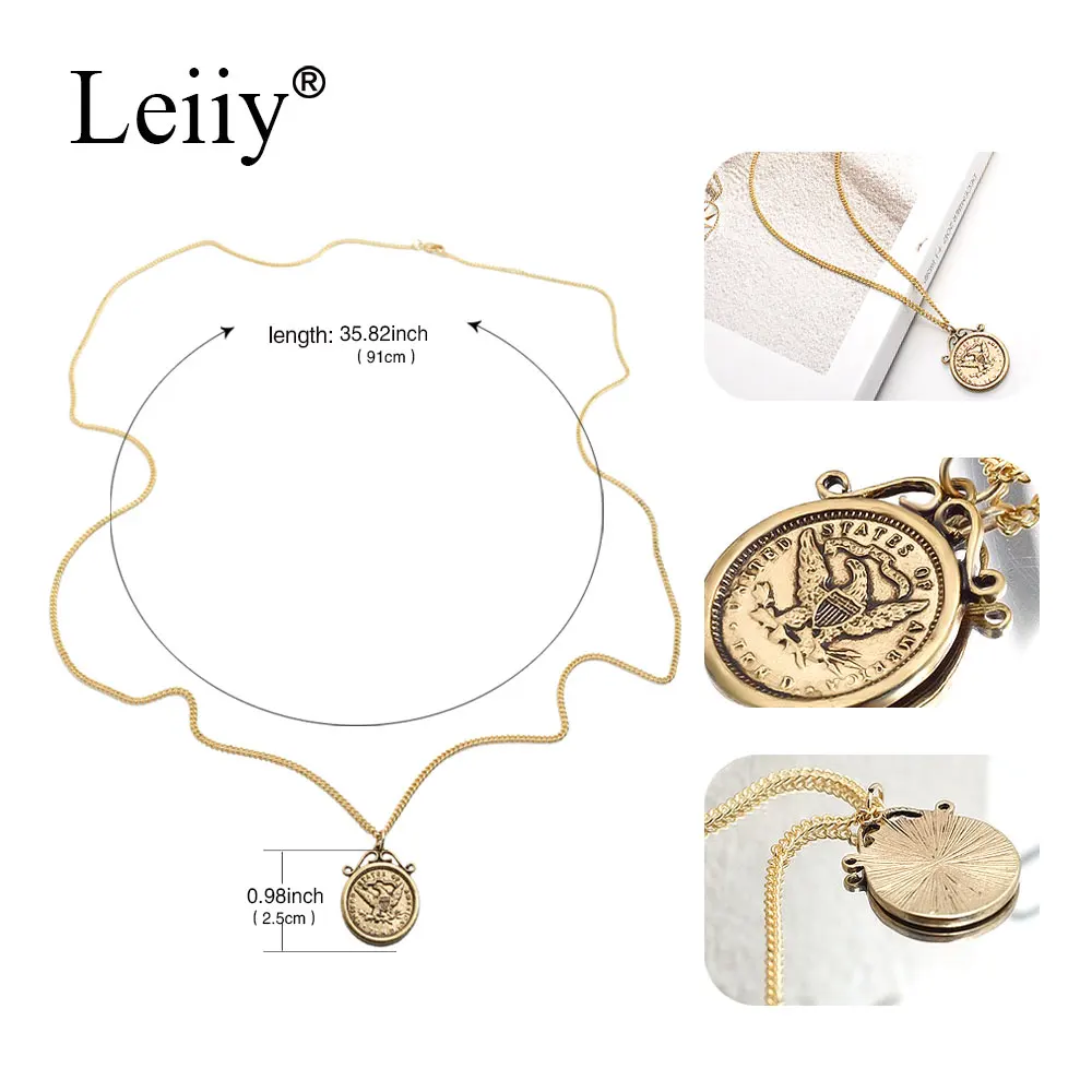Leiiy Jewellery Gold Цвет металла длинной цепи Винтаж Большая печать кулон Соединенные