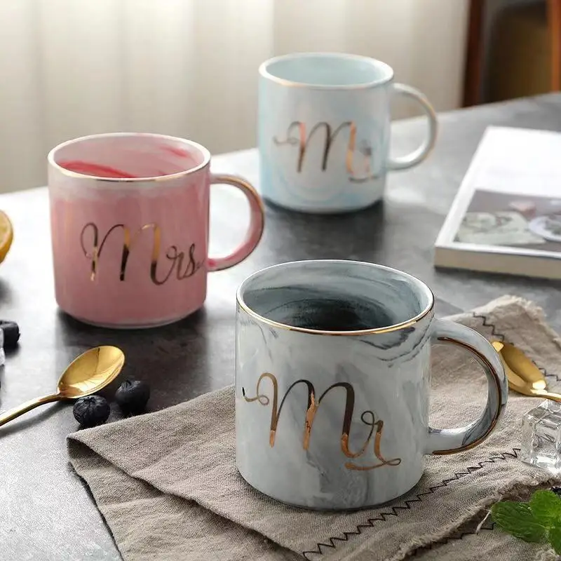 

European Gold stamping ceramic mark cup lovers cup breakfast coffee cup and milk tea cup Mr Ms letter Men women marble Mug
