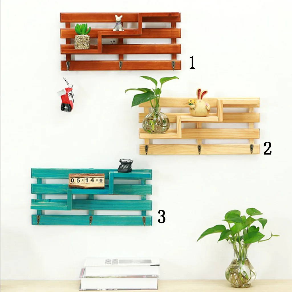 Baoblaze Wooden 3-tier Stair Shelves Organizer Books Collections Display Shelf Storage Rack with Key Hooks, Wall Mounted