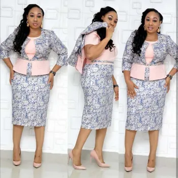 

African Clothes Two Pieces Set Women Office Lady Pearl Printing Coat&Short Sleeve Pencil Bodycon Dress Suit High Quality Party