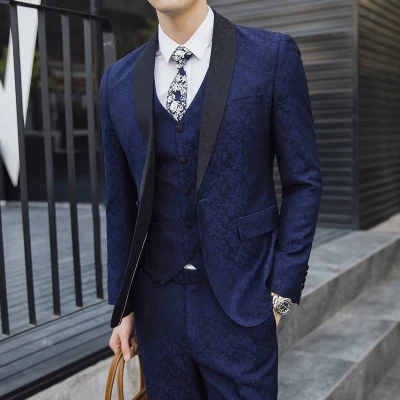 

Mens Suit Vest With Pants 3 Pieces Terno Masculino Men Slim Fit Shawl Collar Navy Floral Plus Size 5XL Men Wedding Suits Tuxedo